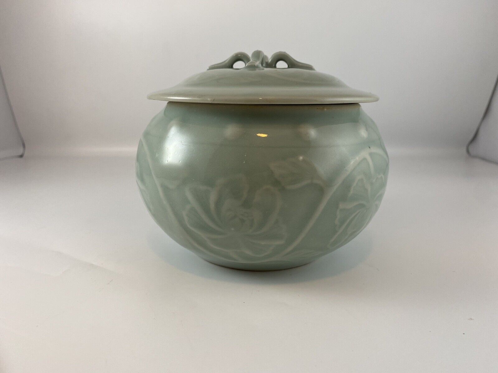Green Celadon Jar With Lid, Large, Chinese, More Modern Embossed Lotus Flower