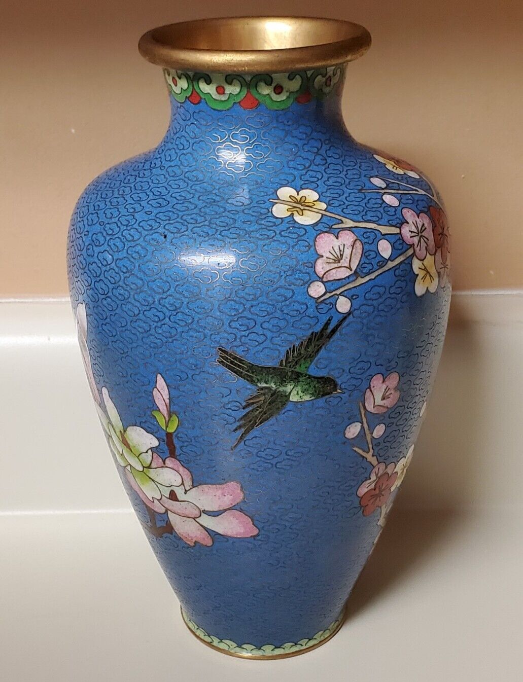 Vintage Cloisonné Bird Floral Detailed Vase Blue Multicolored 8+” Tall