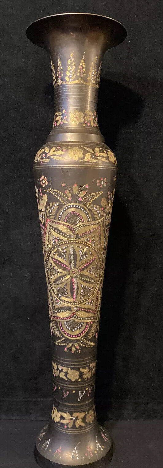 20th Century Brass Bronze Palace Floor Vase 3ft Hand Etched & Painted Vintage